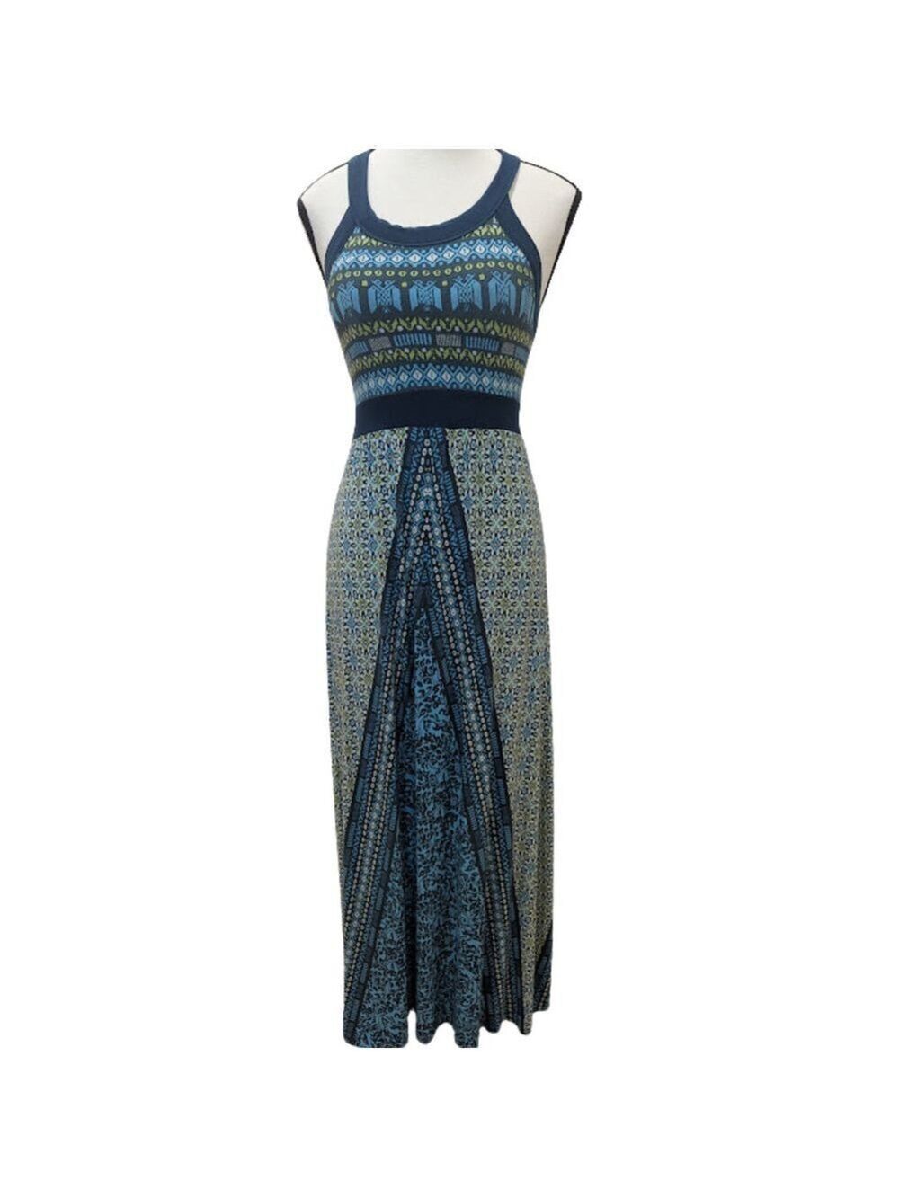 Athleta Boho Athleisure Racerback Maxi Dress XS Shelf Bra Blue Multi Geo Print